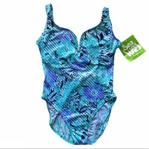 Vintage Seaweed Of California Brand One Piece Bathing Suit Blue Purple Floral